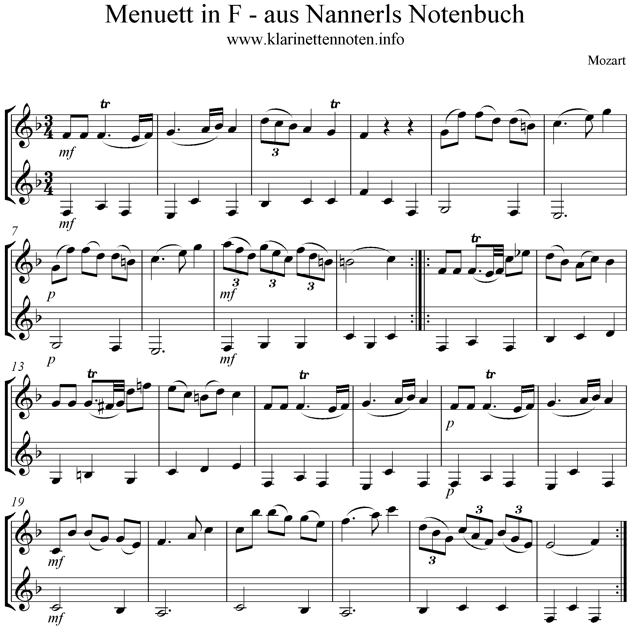 Clarinet Duo-Mozart Menuett in F, Nannerls Notenbuch
